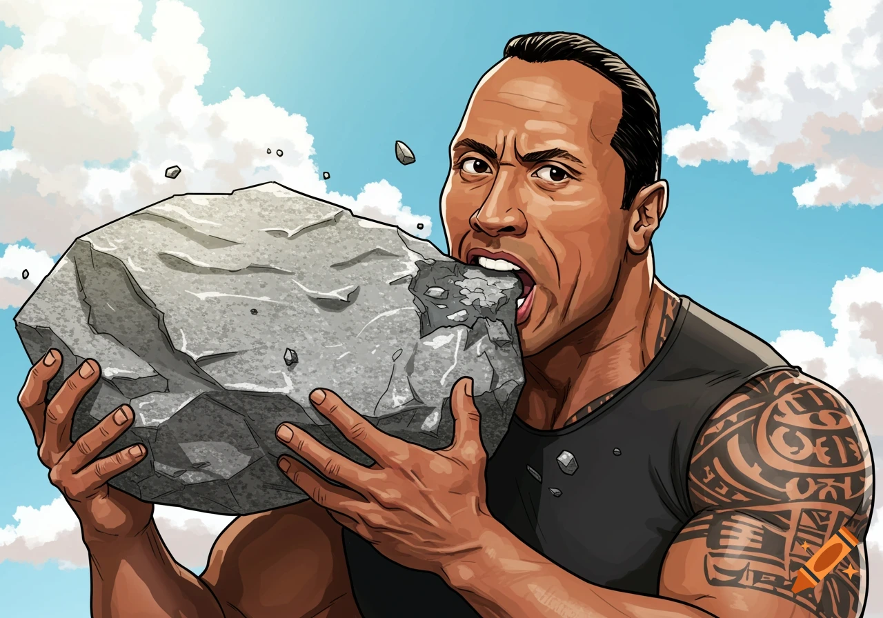 A cartoon illustration of Dwayne 'The Rock' Johnson intensely biting into a large grey rock under a blue sky with clouds.
