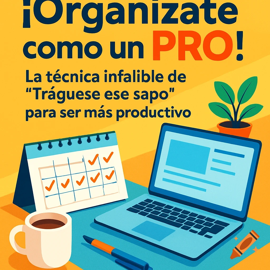 Digital art of an organized desk with a laptop, coffee cup, calendar with checked tasks, and large text about productivity.