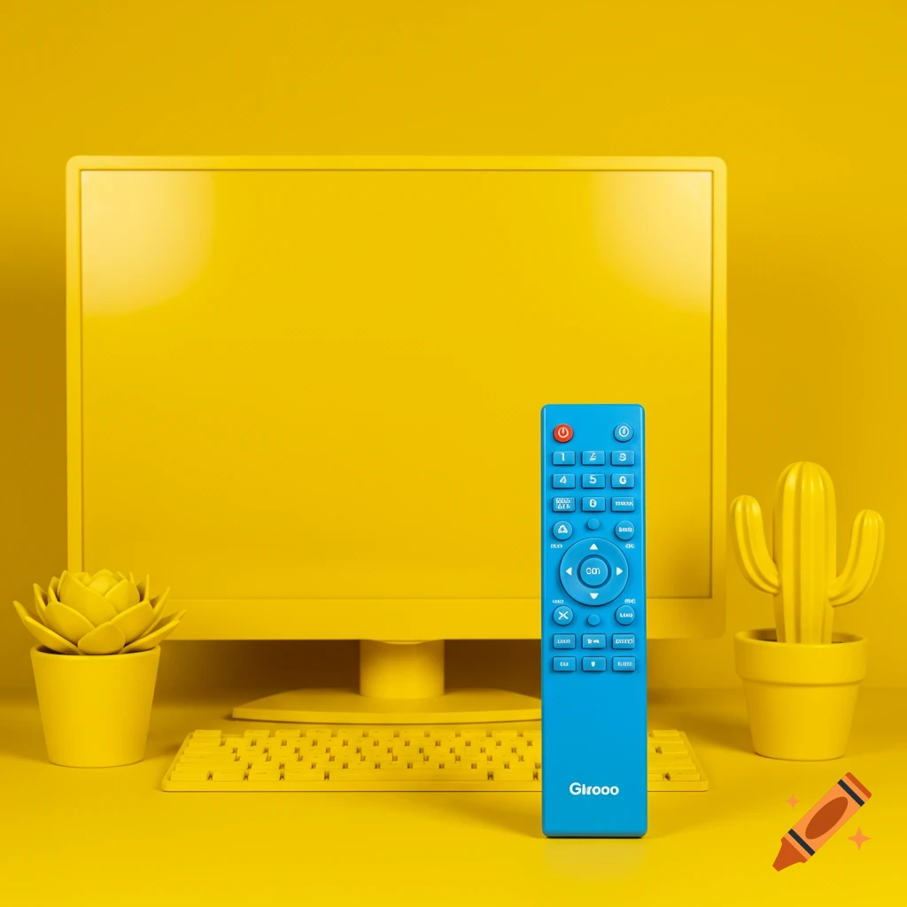 A vibrant blue TV remote stands upright in front of a monochromatic yellow desk setup with a computer monitor, keyboard, and potted plants.