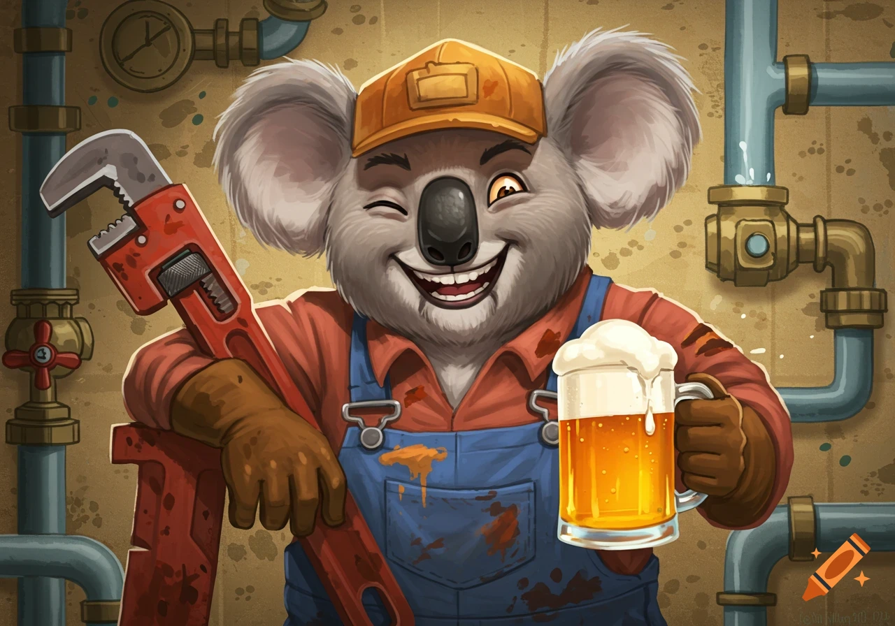 A cartoon koala bear plumber winks while holding a large wrench and a mug of frothy beer, surrounded by pipes.
