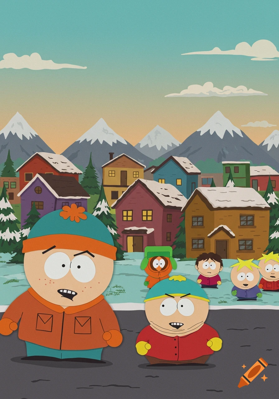 South Park characters including Cartman, Kyle, Stan, and Kenny, in a snowy town with houses and mountains in the background, in the show's distinctive cartoon style.