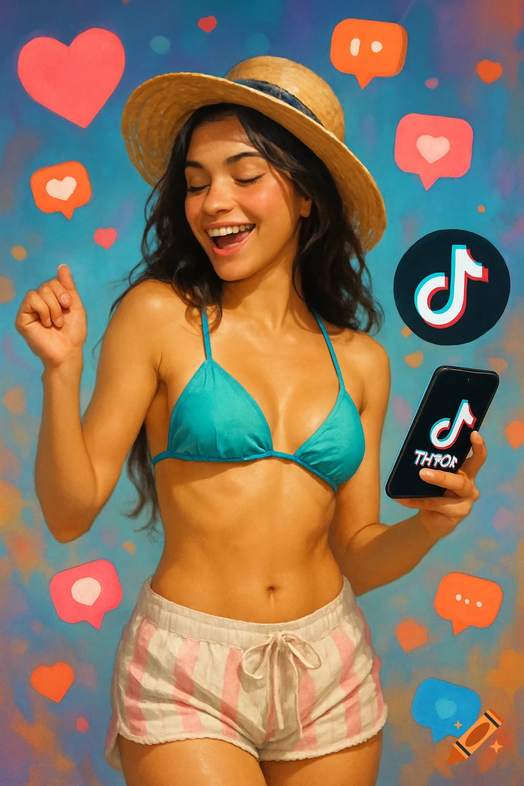 A smiling young woman in a straw hat, bikini top, and shorts, holding a phone with the TikTok logo, with social media icons floating around.