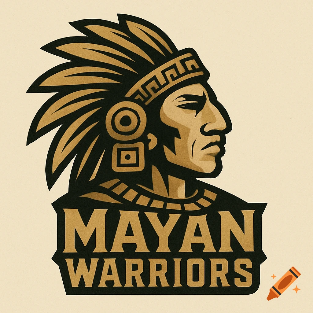 A stylized logo featuring a Mayan warrior's head in profile, wearing a feathered headdress, with 'MAYAN WARRIORS' text below.
