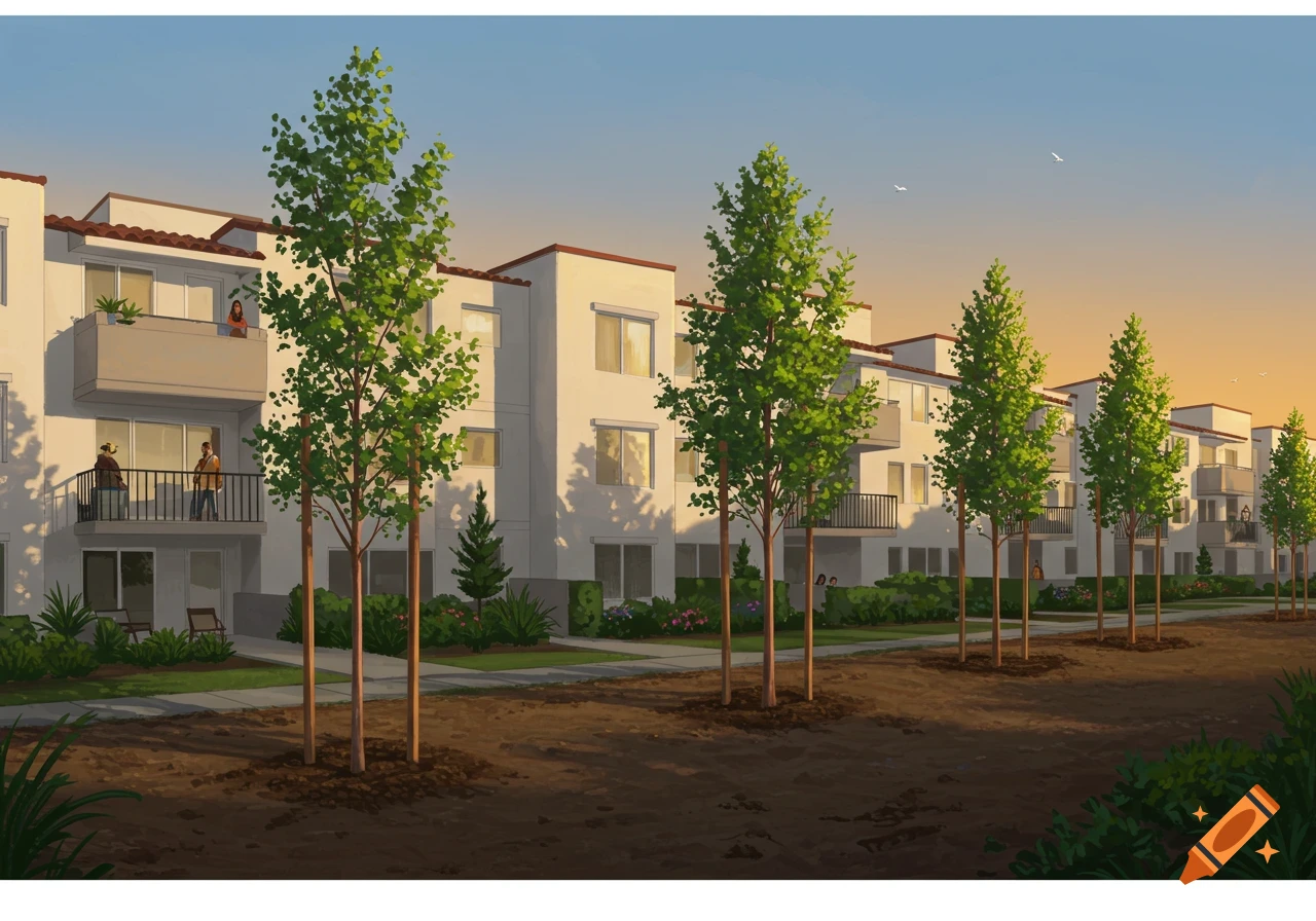 Illustrative view of newly planted trees lining a path in front of a white residential complex at sunset.