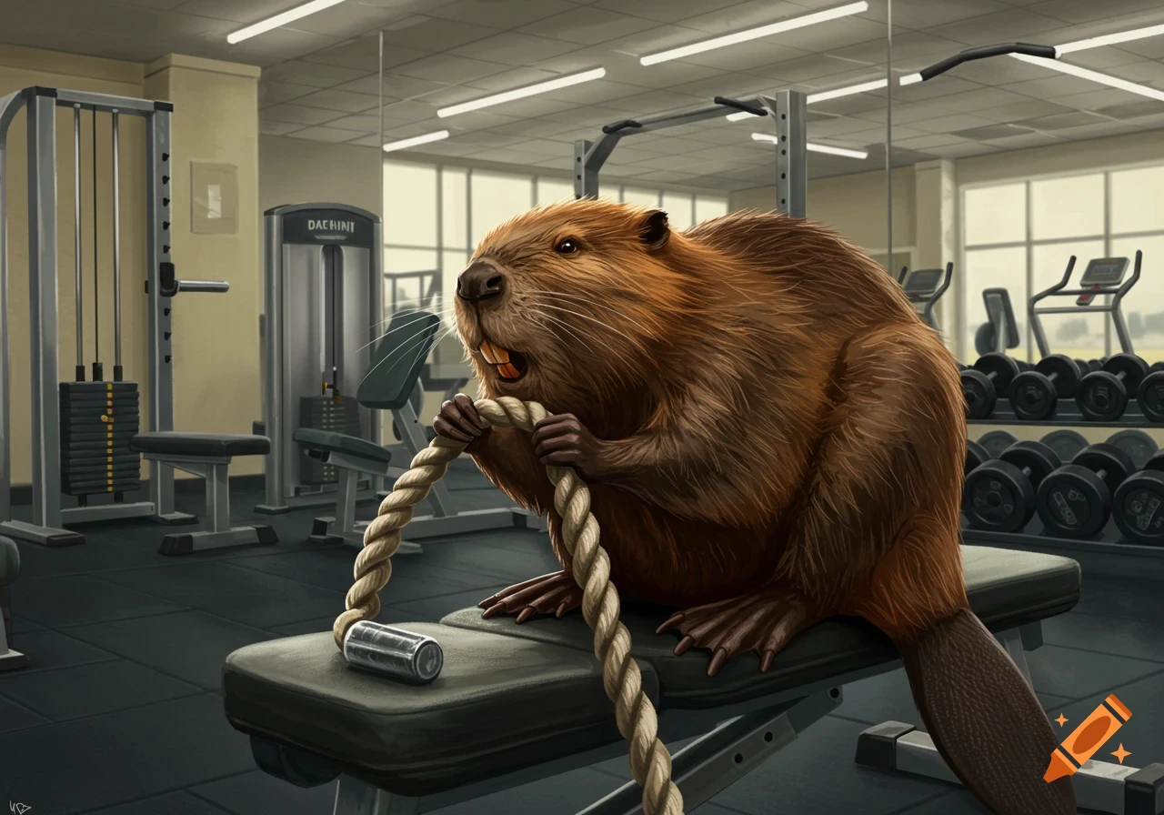 A realistic illustration of a beaver gnawing on a rope in a gym, with weight machines and dumbbells in the background.