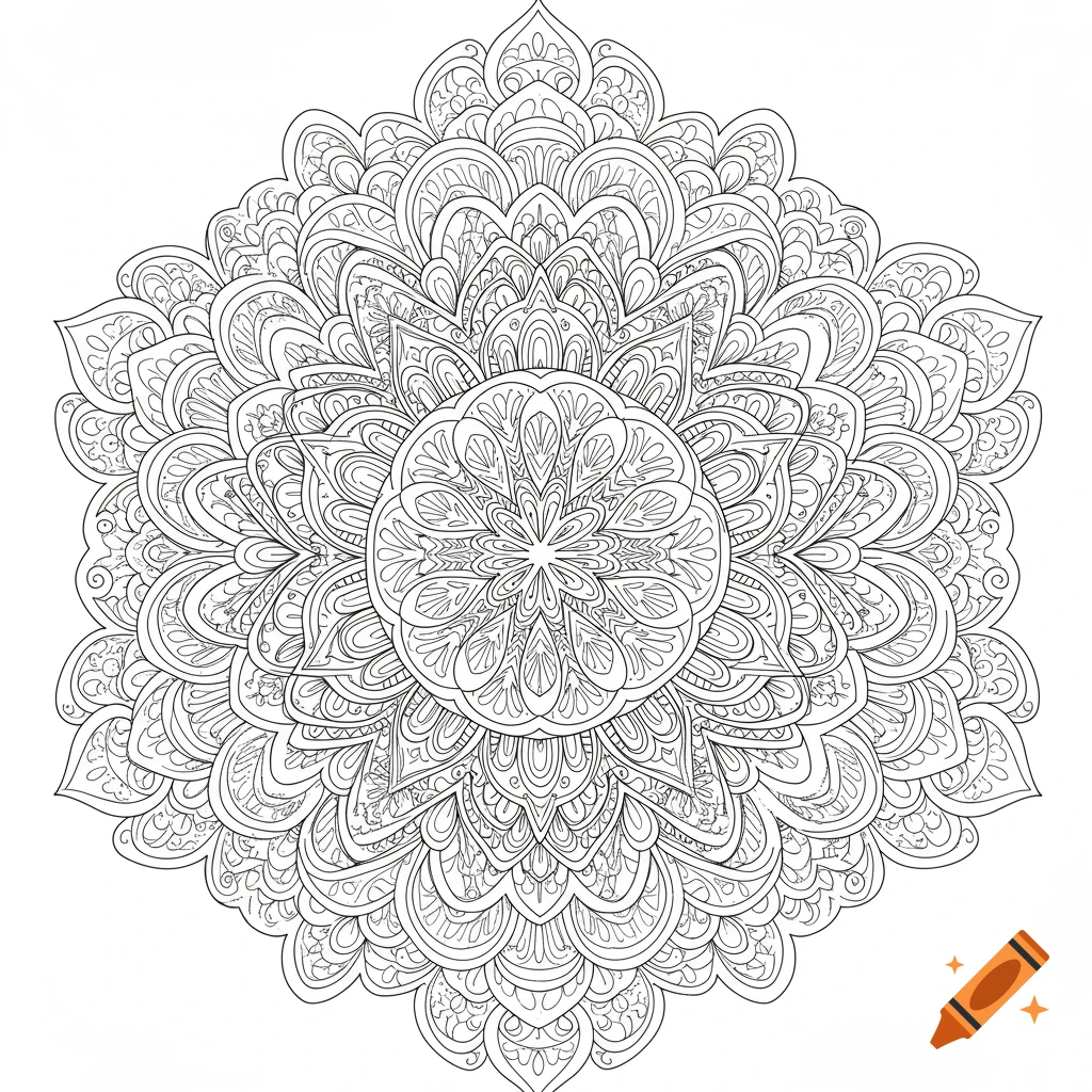 A detailed, symmetrical black and white mandala drawing with intricate floral and geometric patterns on a white background.