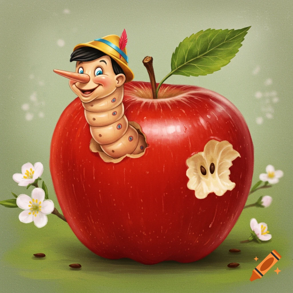 Cartoon illustration of Pinocchio's head on a worm body emerging from a red apple with bite marks.