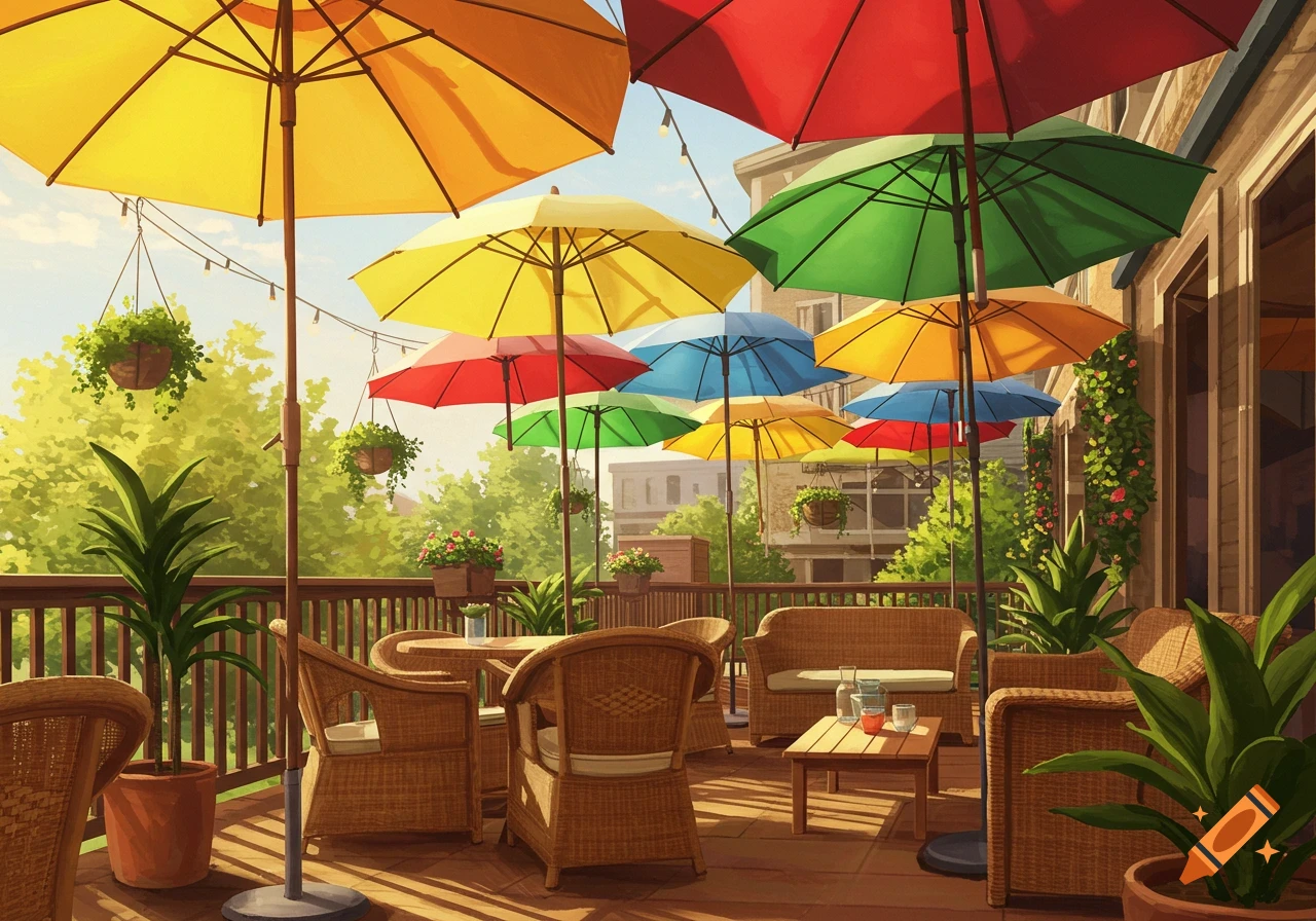 An artistic illustration of a vibrant outdoor patio with many colorful umbrellas, wicker furniture, and potted plants under a sunny sky.