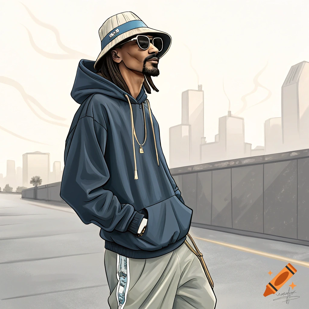 An illustration of Snoop Dogg in a bucket hat, sunglasses, and an oversized blue hoodie, standing on a street with city buildings in the hazy background.