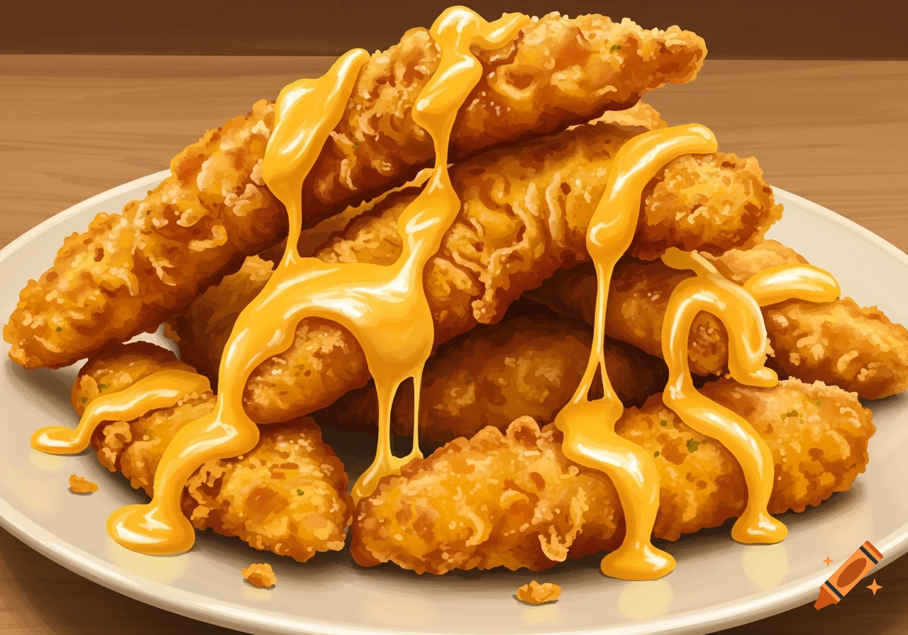 Golden brown chicken strips covered in gooey melted cheese on a white plate, in a detailed, illustrative style.