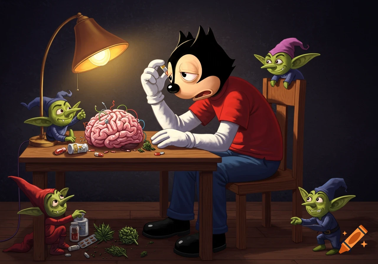 A cartoon character resembling Felix the Cat sits exhausted at a table with his brain, pills, and marijuana, observed by small goblins under a lamp.