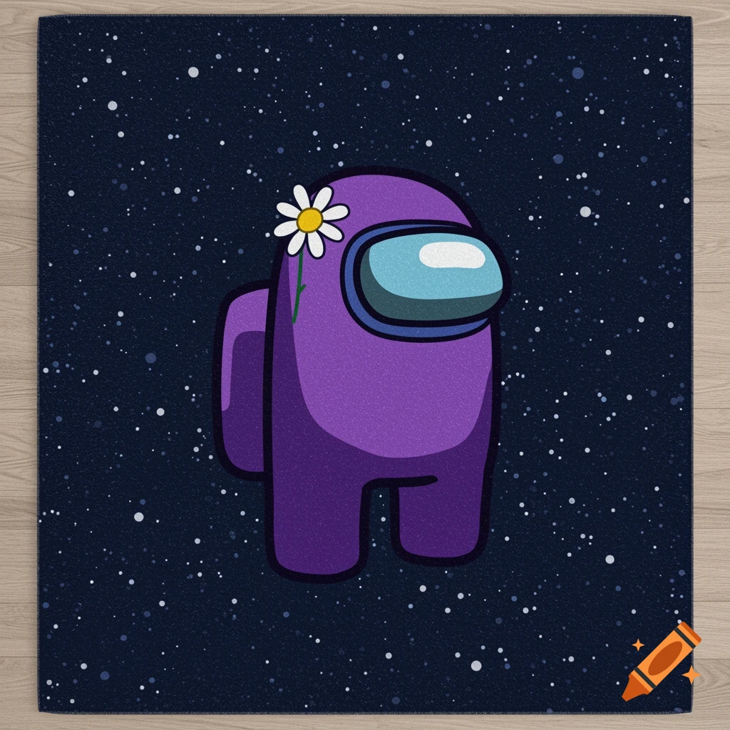 A cartoon purple Among Us crewmate with a white daisy flower on its head, standing on a dark blue starry space background.