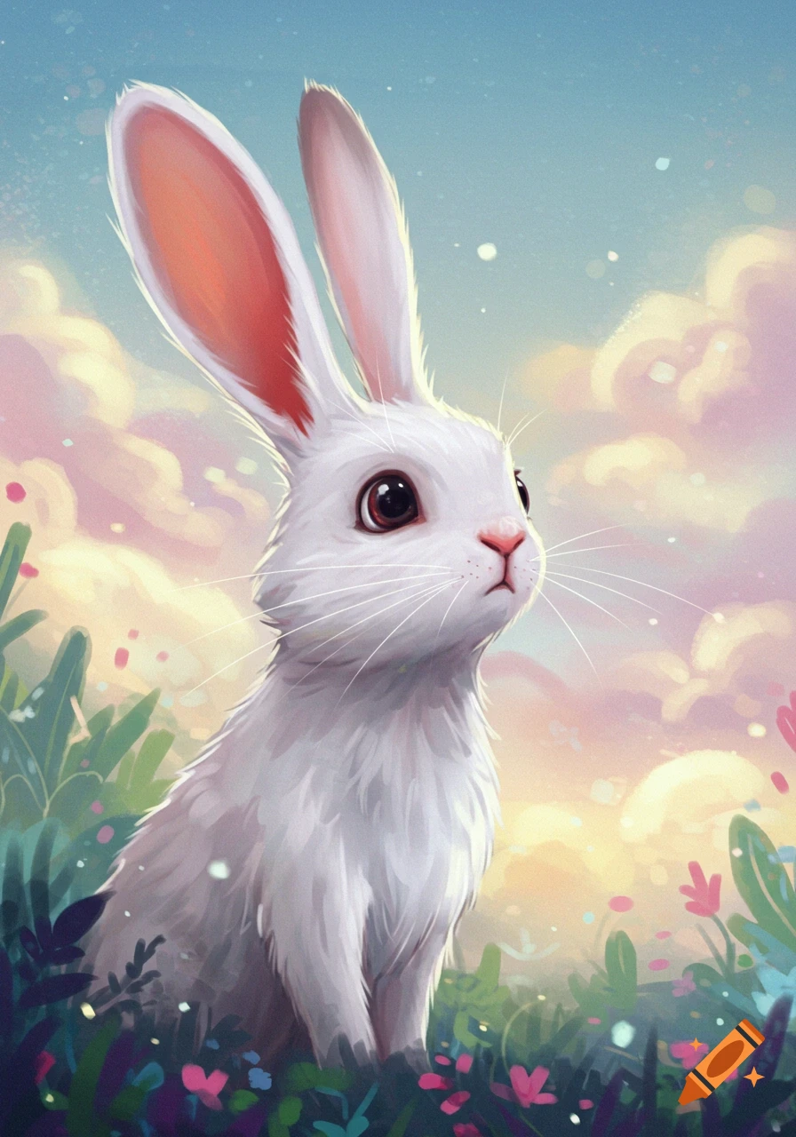 A white bunny with large ears looks up in a field of colorful flowers under a pastel sky with fluffy clouds, in a digital painting style.