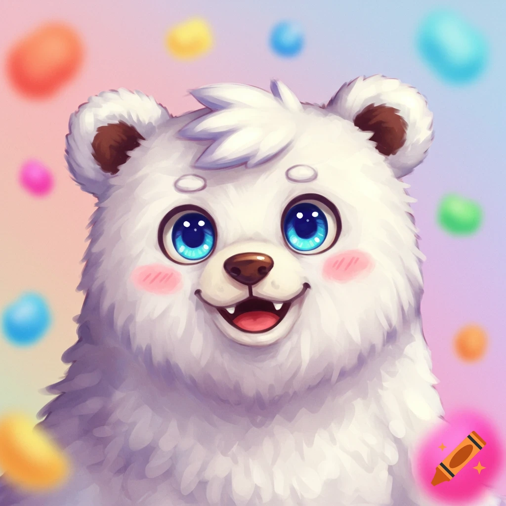 A cute, fluffy white cartoon bear with large blue eyes and rosy cheeks smiles, surrounded by colorful blurry circles.