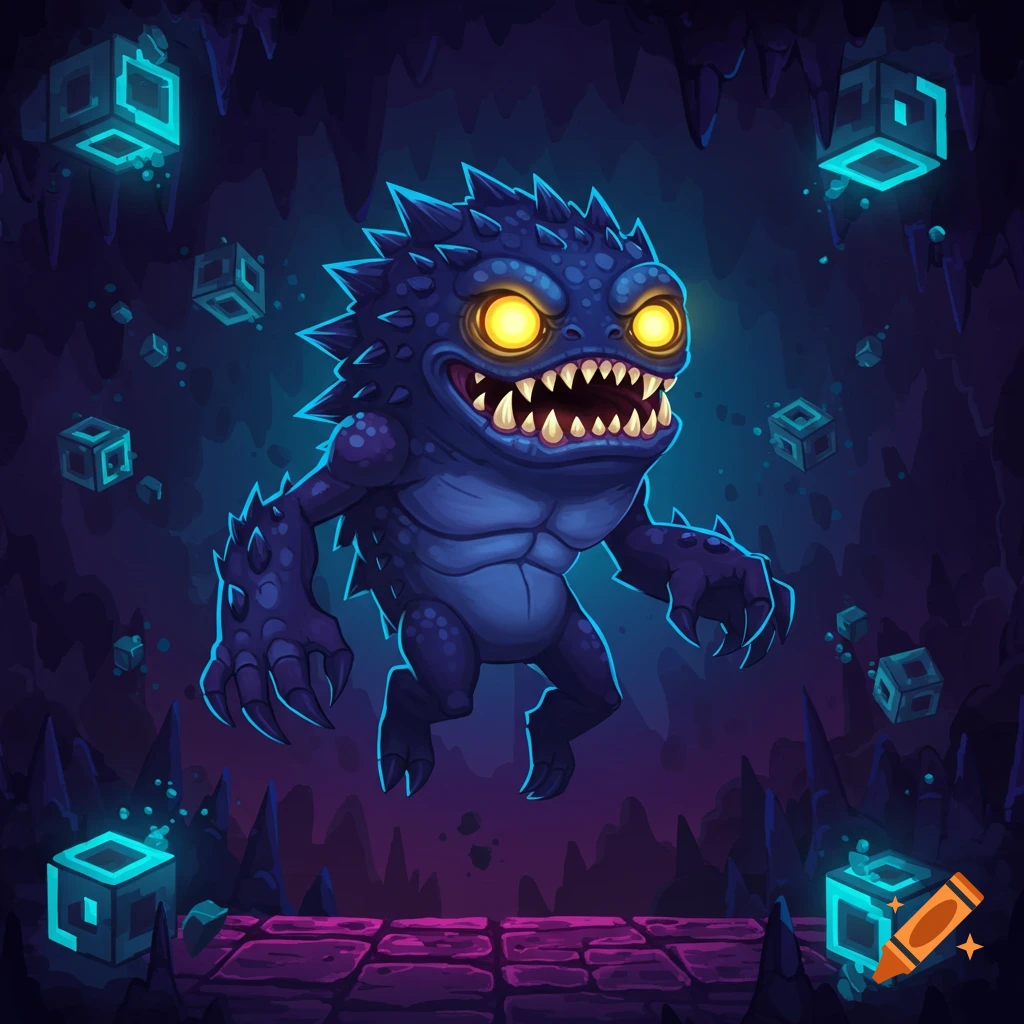 A menacing dark blue and purple spiky monster with glowing yellow eyes ...
