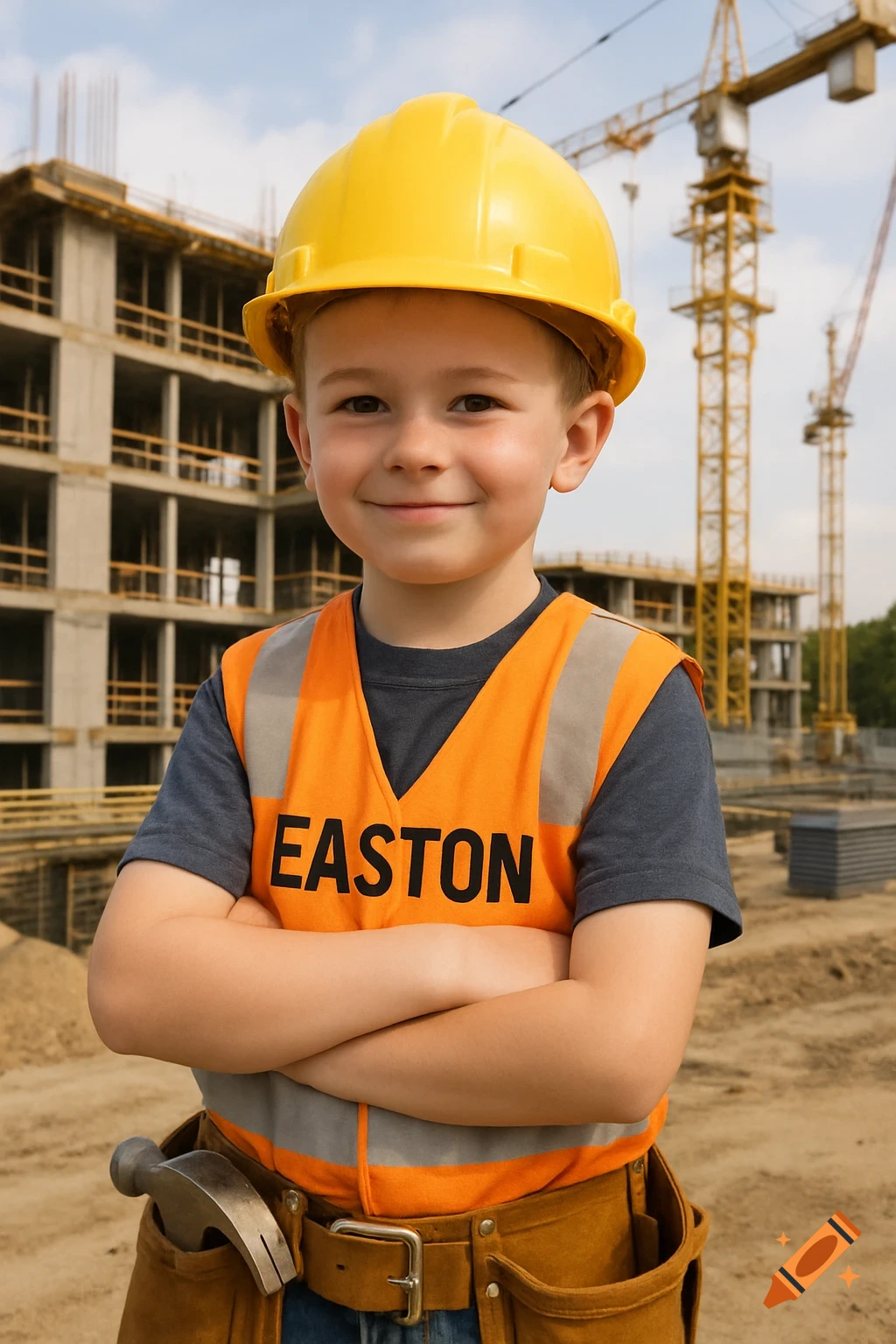 A smiling young boy wearing a yellow hard hat and an orange vest with 'EASTON' written on it, stands with arms crossed at a construction site.