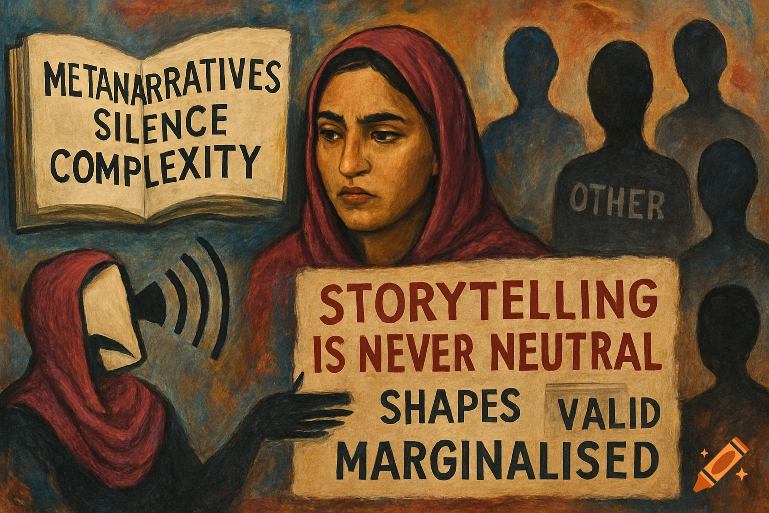 A painting depicting a woman in a red headscarf looking down, with text on a book "METANARRATIVES SILENCE COMPLEXITY" and a sign "STORYTELLING IS NEVER NEUTRAL SHAPES VALID MARGINALISED". Abstract silhouettes are in the background, one with "OTHER" on its back.