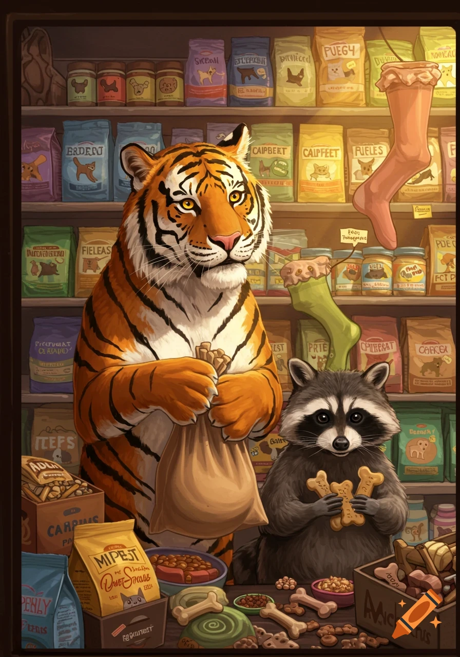A tiger and a raccoon in a pet food shop. The tiger holds a bag of treats, and the raccoon holds two bone-shaped cookies. Shelves filled with pet food bags and jars are in the background.