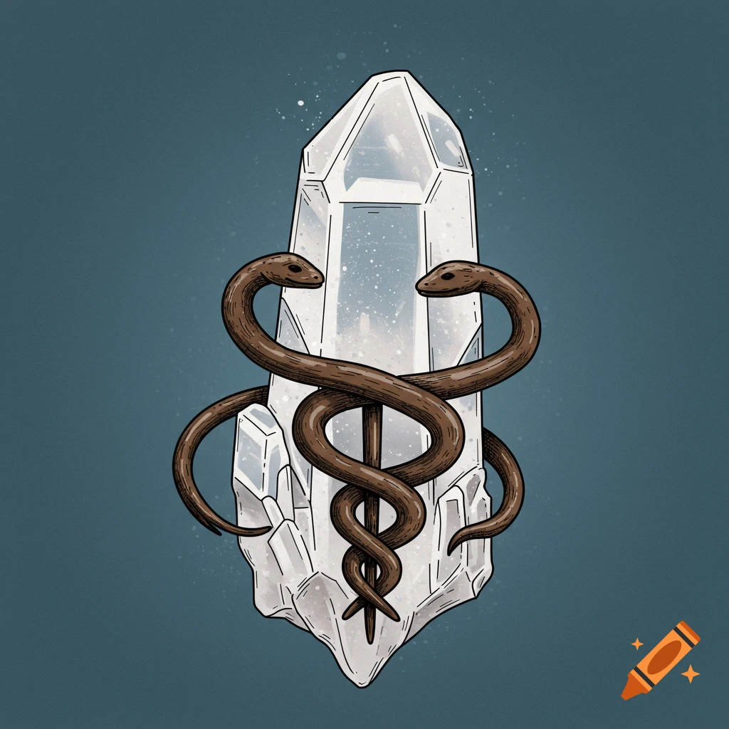A stylized illustration of a white quartz crystal with a brown medical caduceus coiled around it, on a dark blue background.