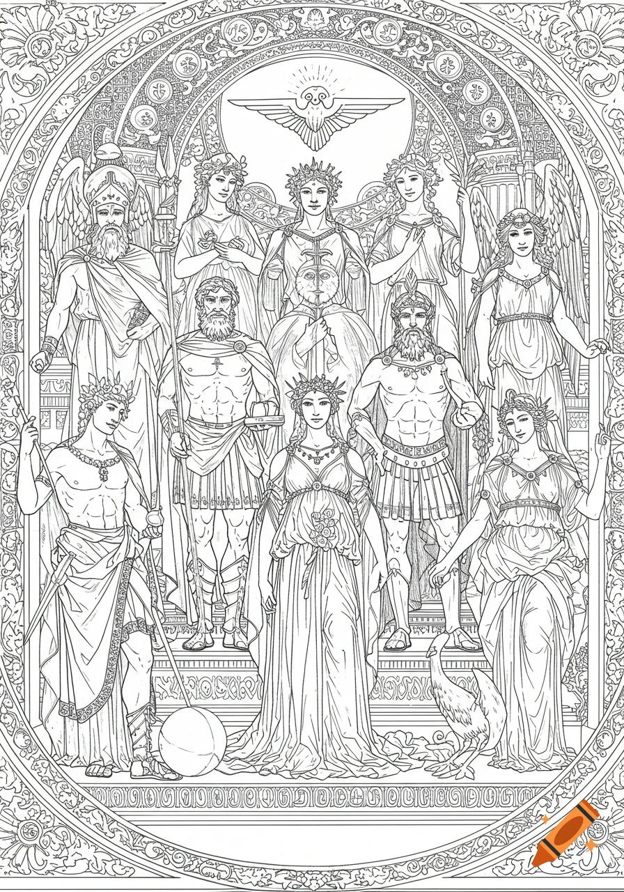 A black and white line art image of a pantheon of eleven European-style deities, standing within an ornate, framed design.