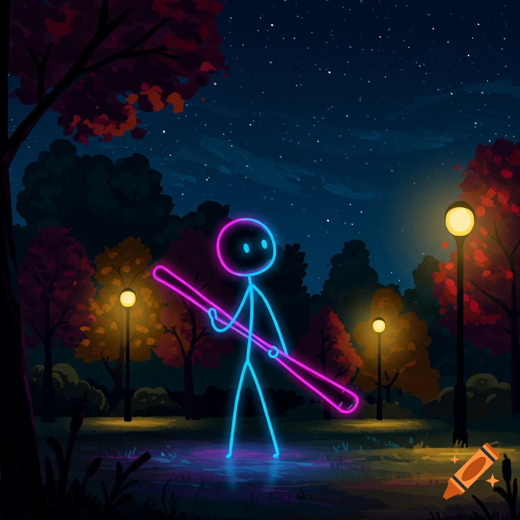 A neon stick figure glowing blue and pink, holding a baseball bat in a dimly lit park at night with streetlights and trees.