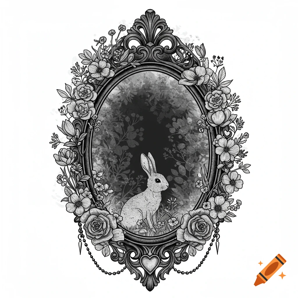 A black and white illustration of a rabbit sitting inside an ornate vintage gothic floral frame.