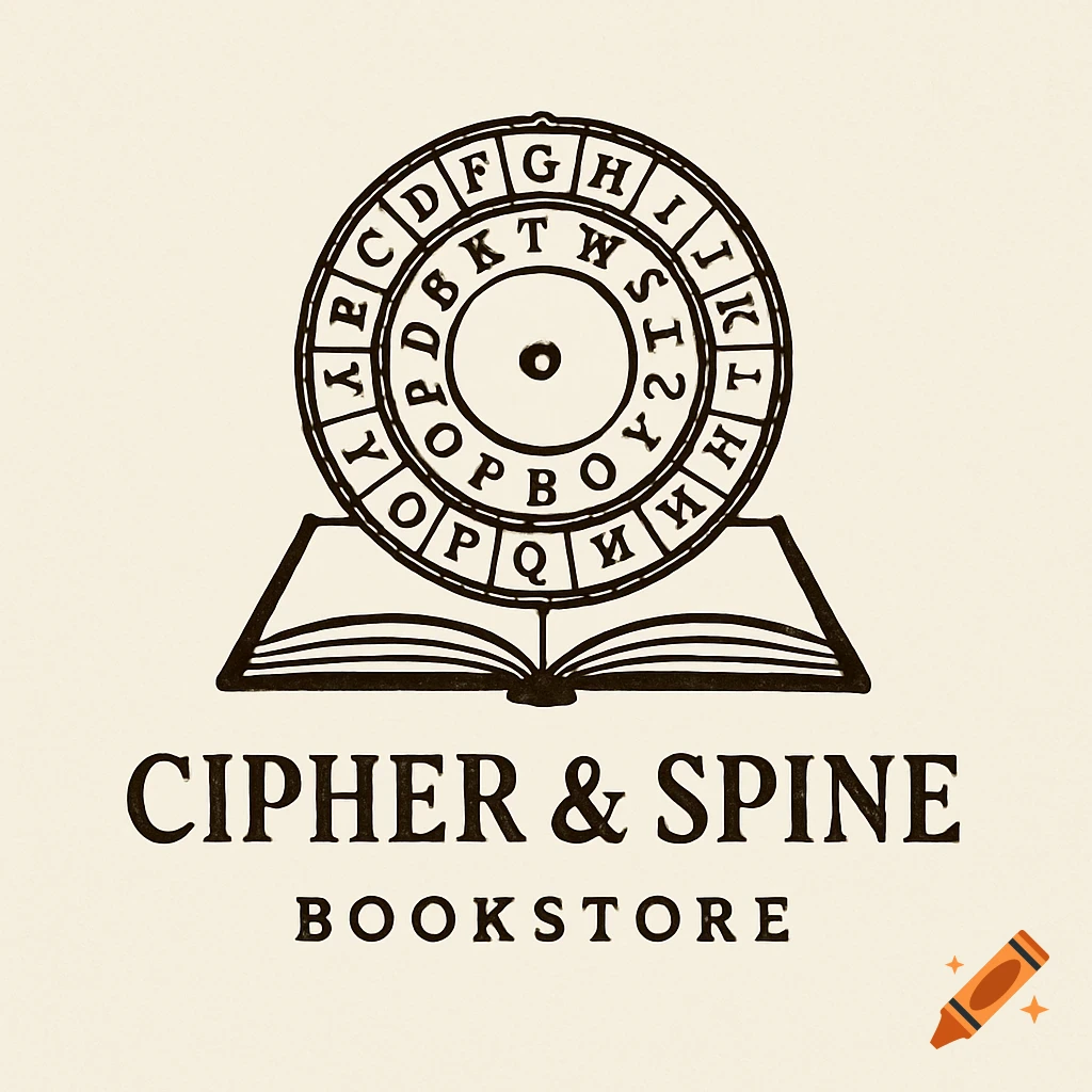 Vintage-style logo for 'Cipher & Spine Bookstore' featuring an open book with a circular cipher wheel above it.