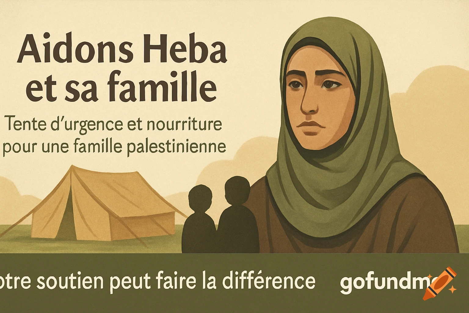 Illustration of a woman in hijab, tent, and children silhouettes for a Palestinian aid campaign with French text.