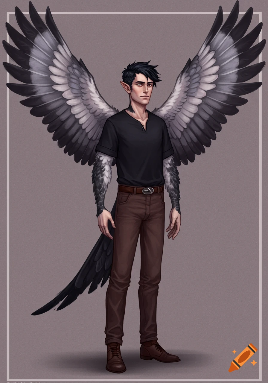 A male character with large grey wings, feathered forearms, and a tail, wearing a black shirt and brown pants.