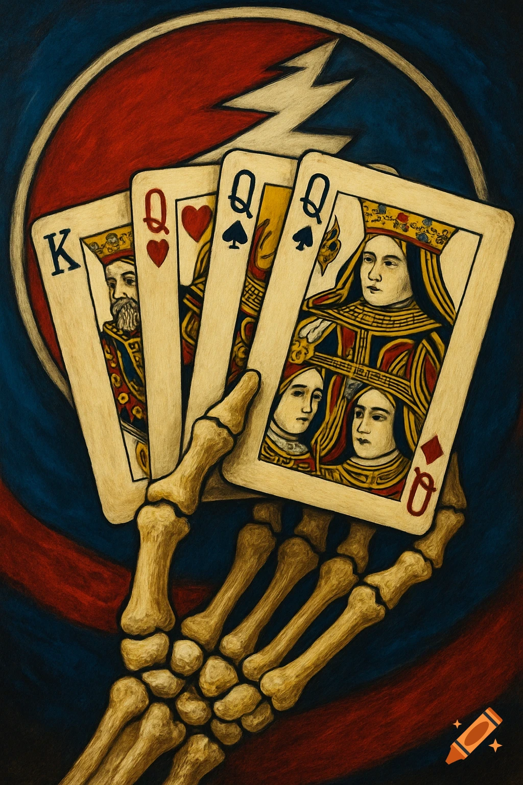 A skeleton hand holds a poker hand of four queens and one king against a Grateful Dead stealie symbol background, in a stylized art style.