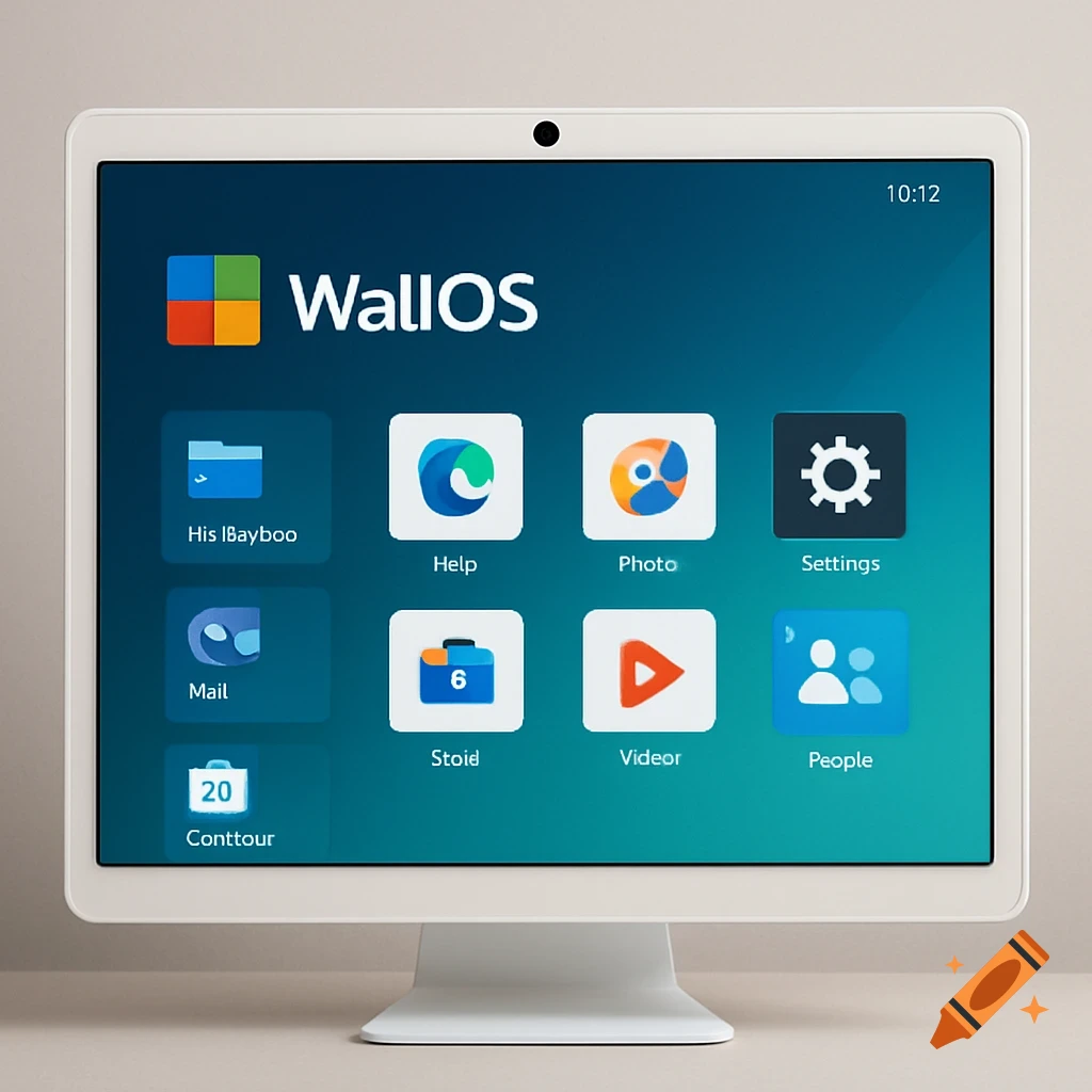 A white computer monitor displays a blue operating system interface called WallOS with various app icons and a black camera dot on top.