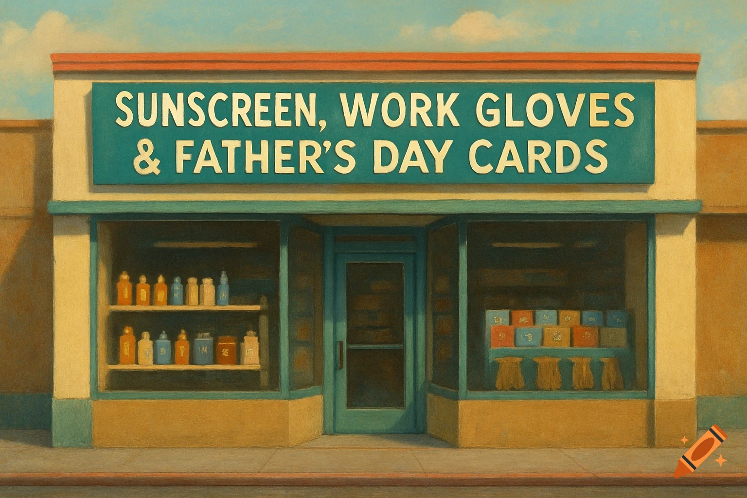 A painting of a convenience store facade with a sign reading "Sunscreen, Work Gloves & Father's Day Cards."