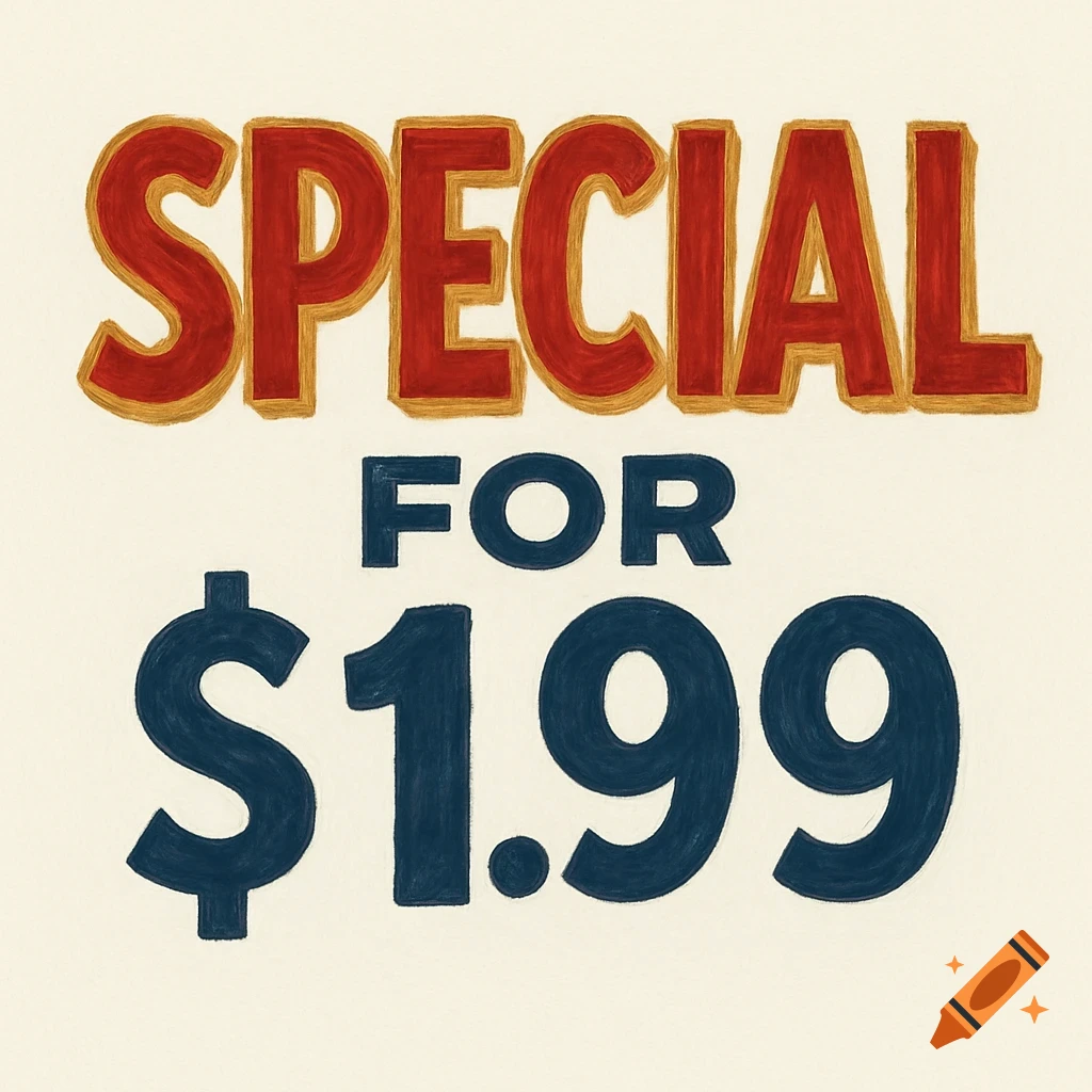SPECIAL FOR $1.99 text in bold, textured red, gold, and blue font on a light background.