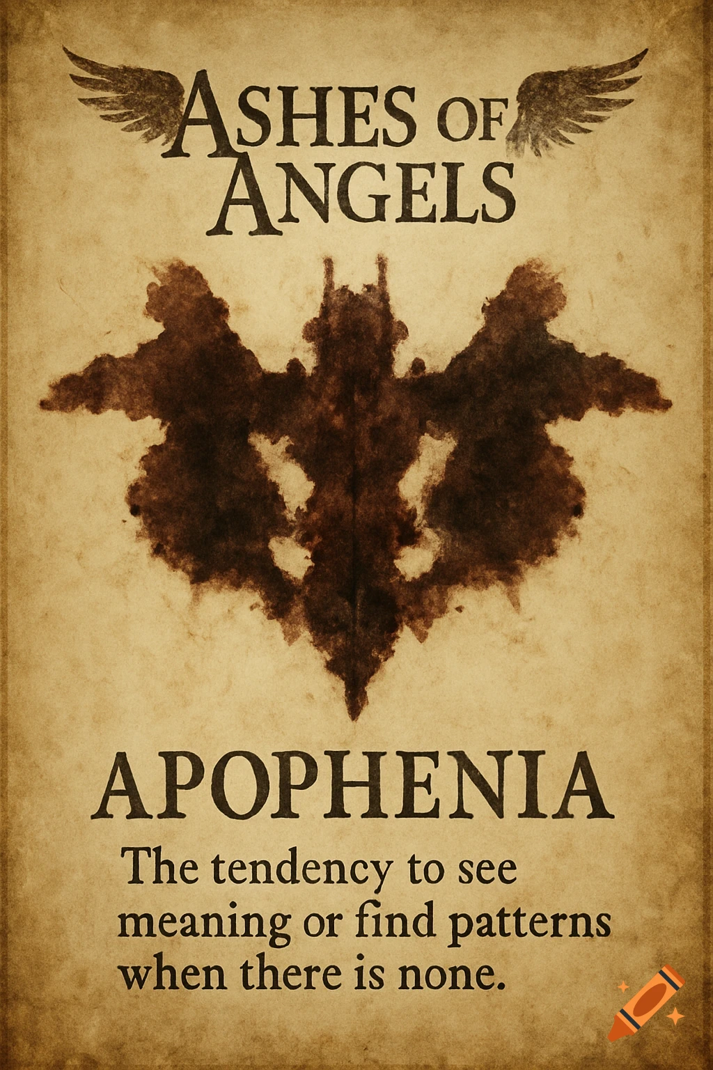A vintage-style Rorschach inkblot test on aged paper, with text 'Ashes of Angels', 'APOPHENIA', and its definition below the inkblot.