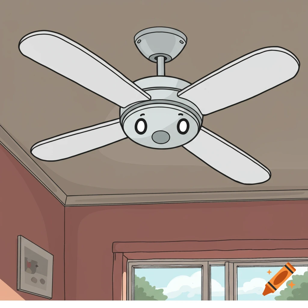A cartoon white ceiling fan with cartoon eyes hangs from a light brown ceiling in a room with a pink wall.