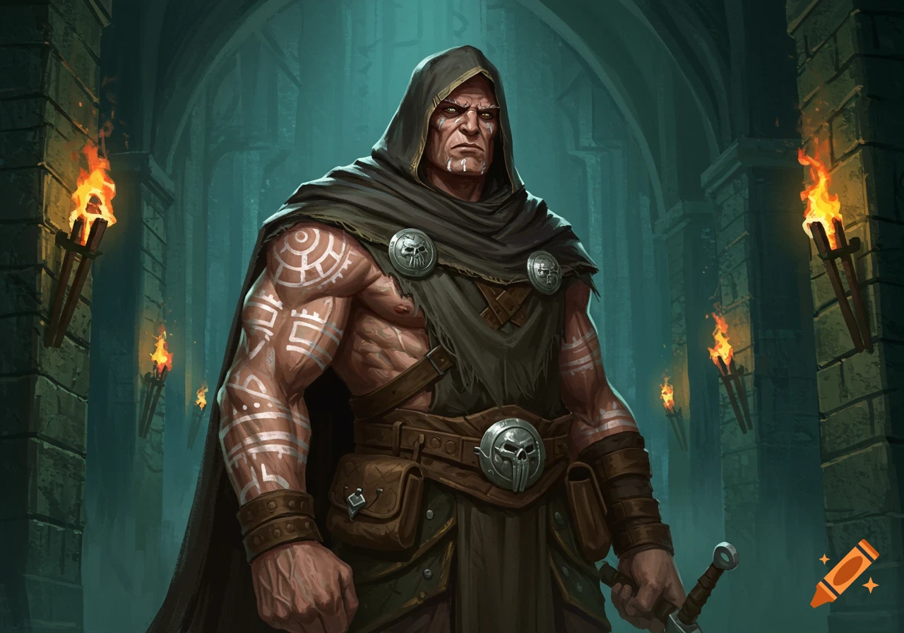 A hooded, muscular fantasy warrior with white tattoos stands in a ...