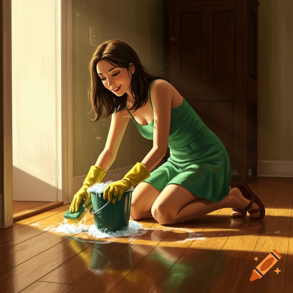 An illustrated woman in a green dress and yellow gloves cleans a sunlit wooden floor with a sponge and bucket.