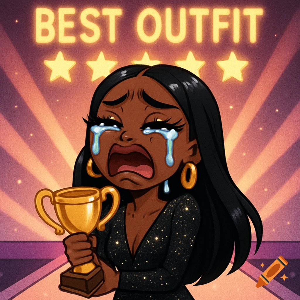 A cartoon illustration of a crying Black woman in a sparkly black dress holding a gold trophy, with glowing 'BEST OUTFIT' text and stars in the background.