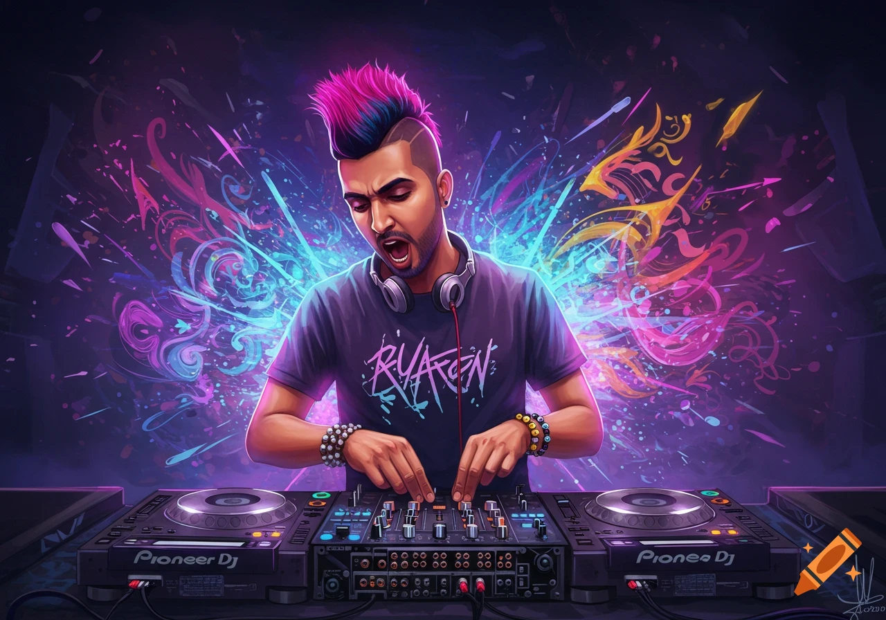 An illustrated vibrant portrait of a male DJ with pink and blue spiky hair, wearing headphones, mixing on a Pioneer DJ setup, surrounded by energetic, colorful neon light streaks.