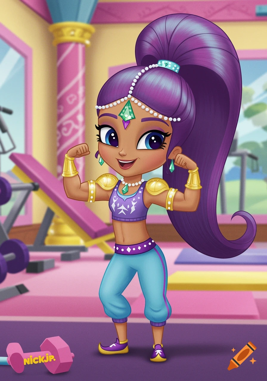 Cartoon character Shimmer from Shimmer and Shine flexing her arms at a gym, with a Nick Jr. dumbbell.
