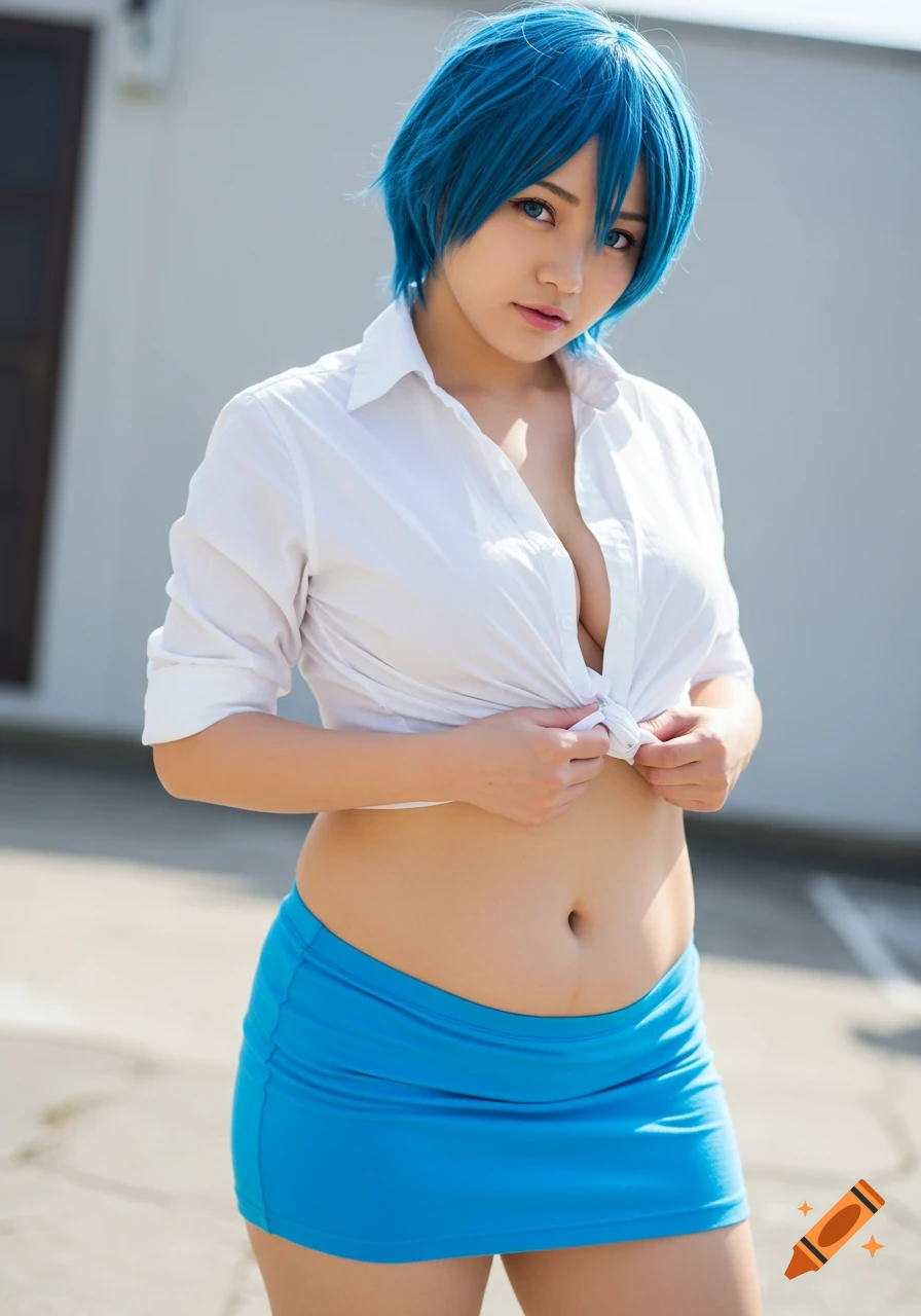 Photorealistic portrait of a young woman with short blue hair, blue eyes, wearing a white tied shirt and blue mini-skirt, standing outdoors.