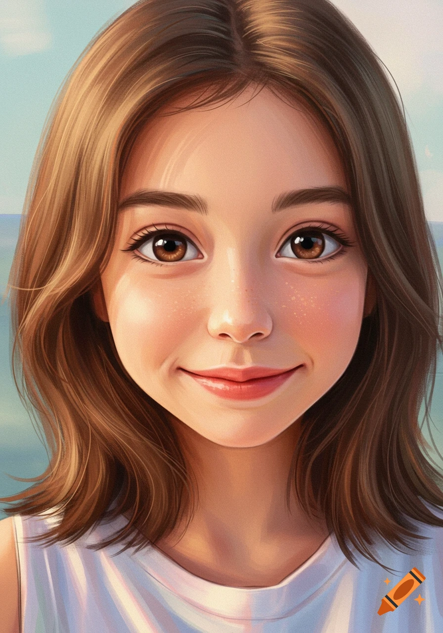 A stylized digital art portrait of a young woman with brown shoulder-length hair, brown eyes, and a sweet smile.