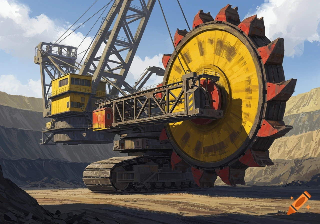 A massive yellow and red bucket wheel excavator operating in an open-pit mine under a clear sky, rendered in a detailed concept art style.
