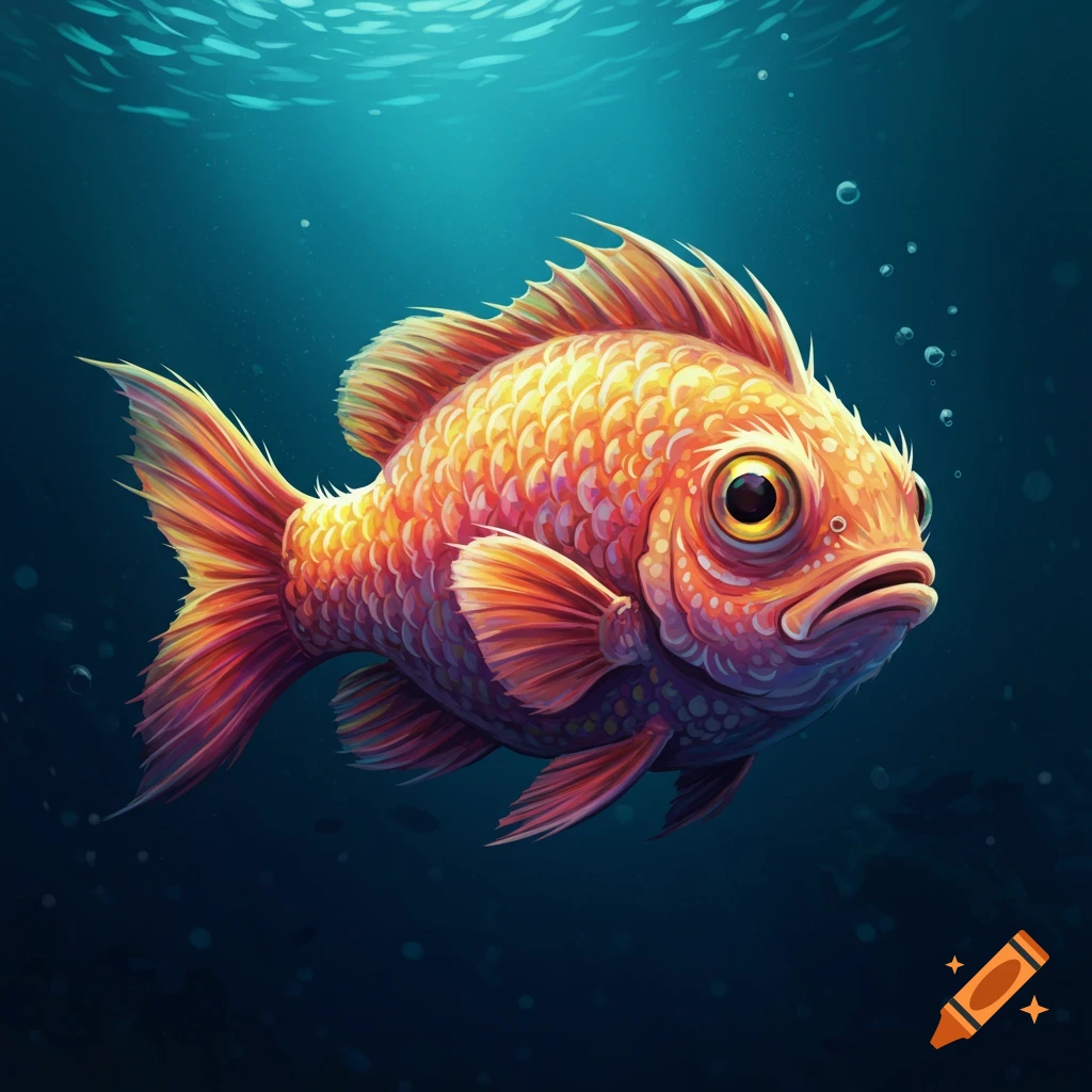 A cartoonish orange and red fish with large eyes and a frowning mouth swims in deep blue water.