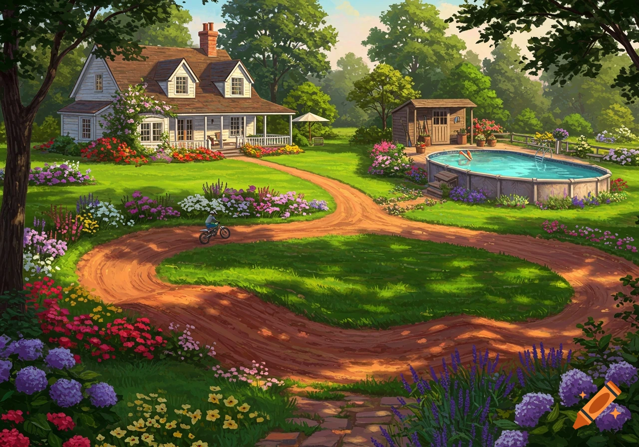 An idyllic countryside house with a large green lawn, vibrant flower beds, a swimming pool, and a winding dirt path with a child cycling.