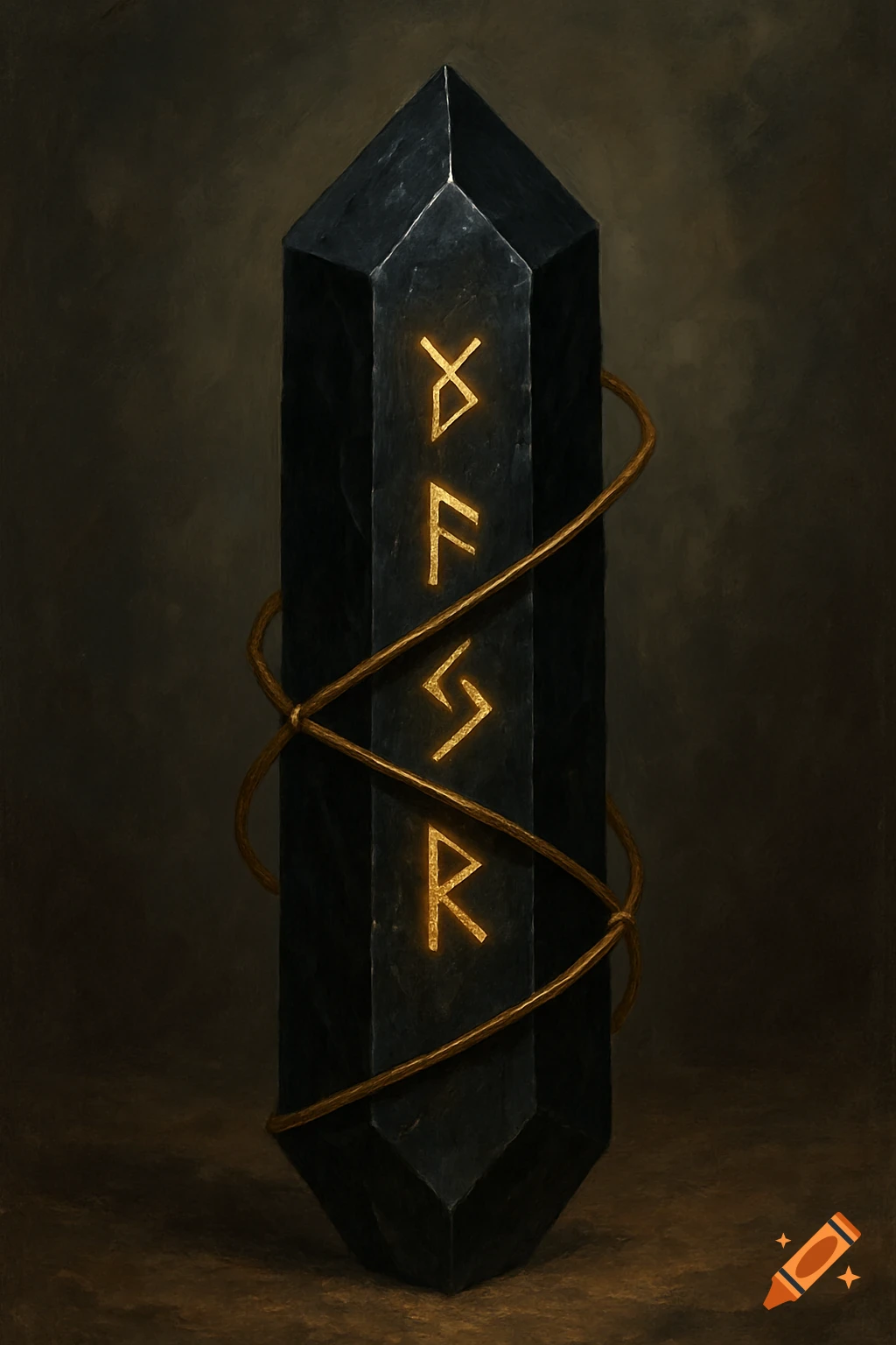 A tall black crystal with glowing gold runes vertically etched on its surface and a gold wire wrapped around it, set against a dark background.