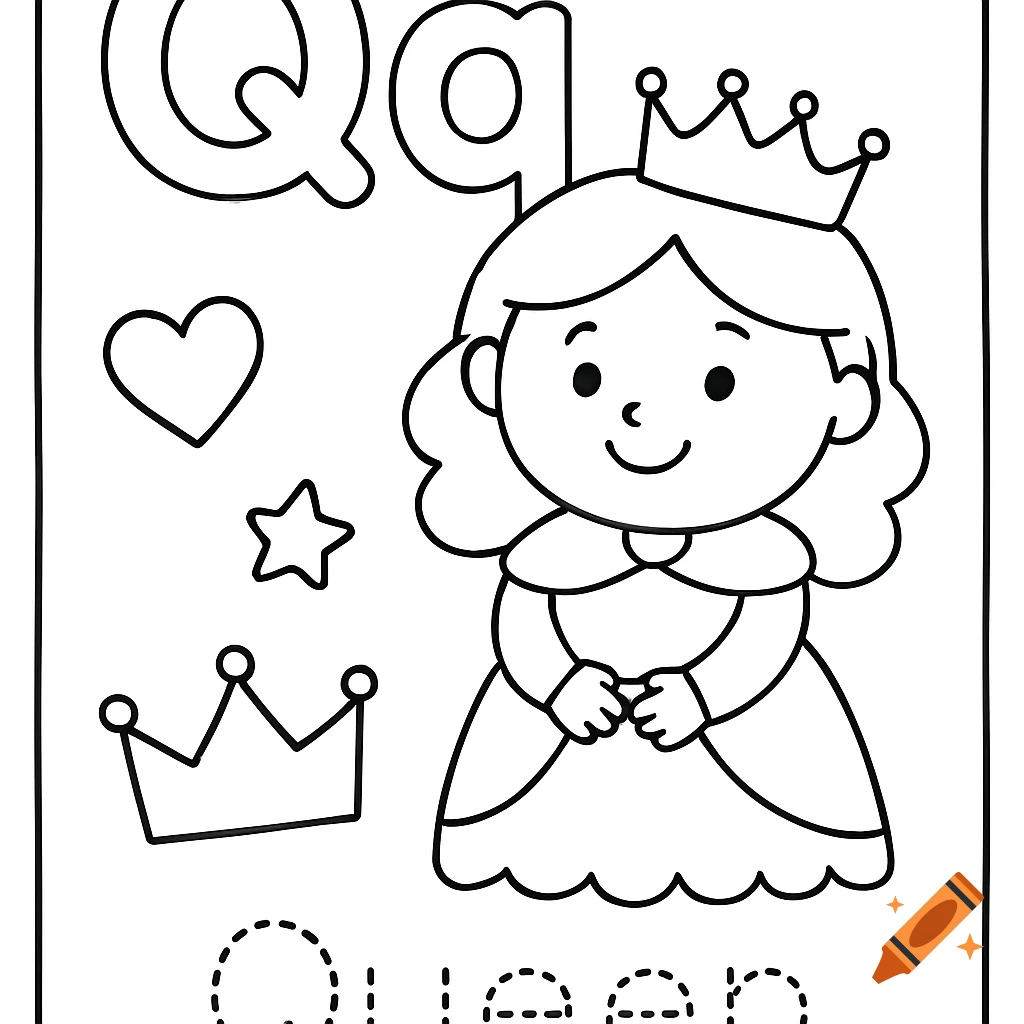 Black and white toddler coloring page with uppercase and lowercase 'Q', a cartoon queen, and traceable word 'Queen'.