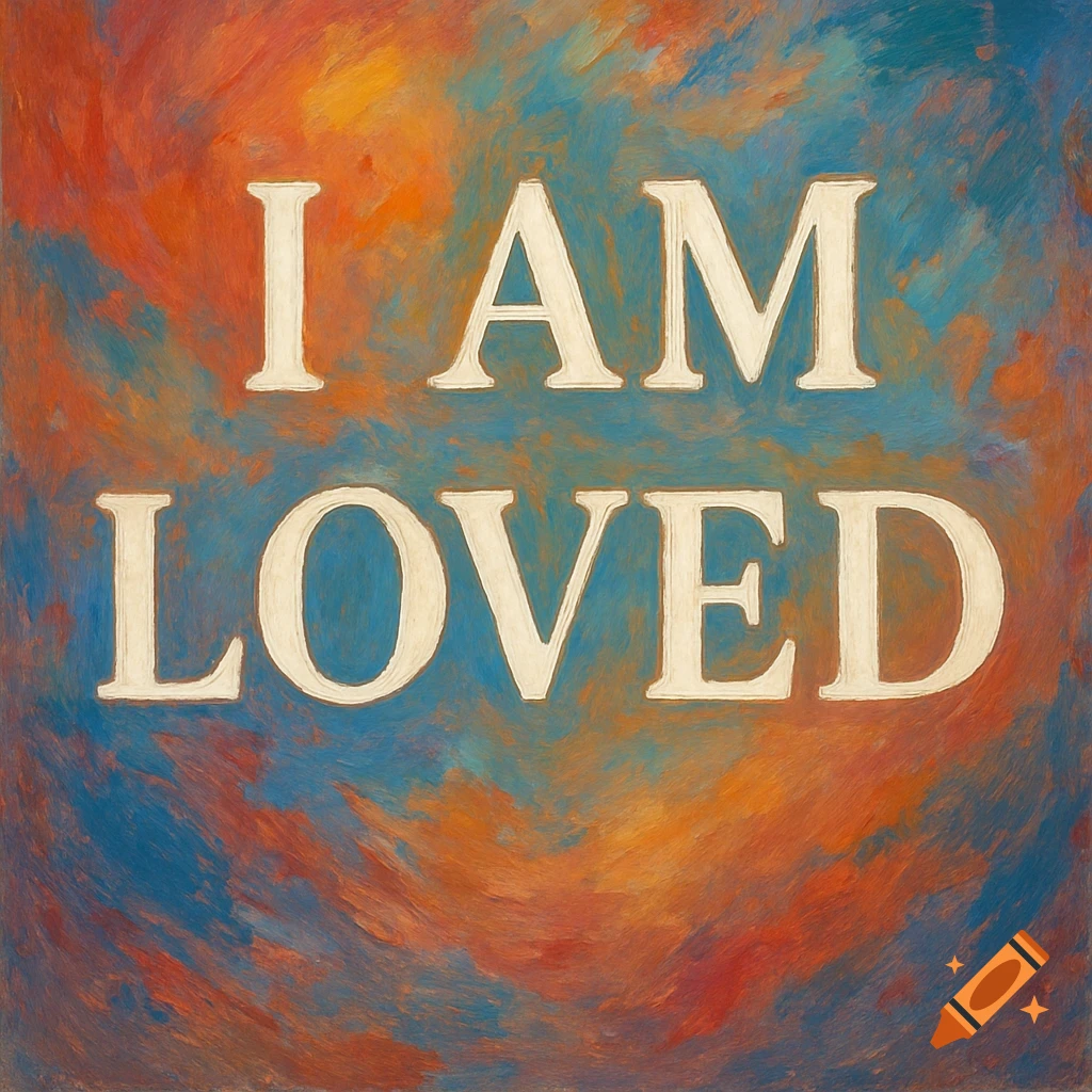 Abstract painting with brushstrokes in blues, oranges, and reds, featuring the white text 'I AM LOVED' in the center.