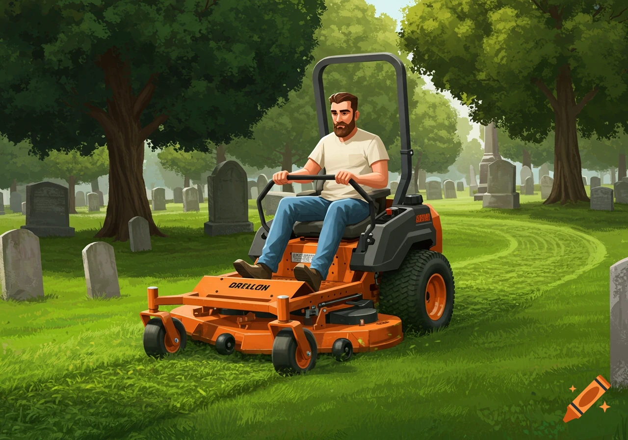 A man with a beard rides an orange zero-turn lawnmower, cutting green grass in a cemetery with gravestones and trees.
