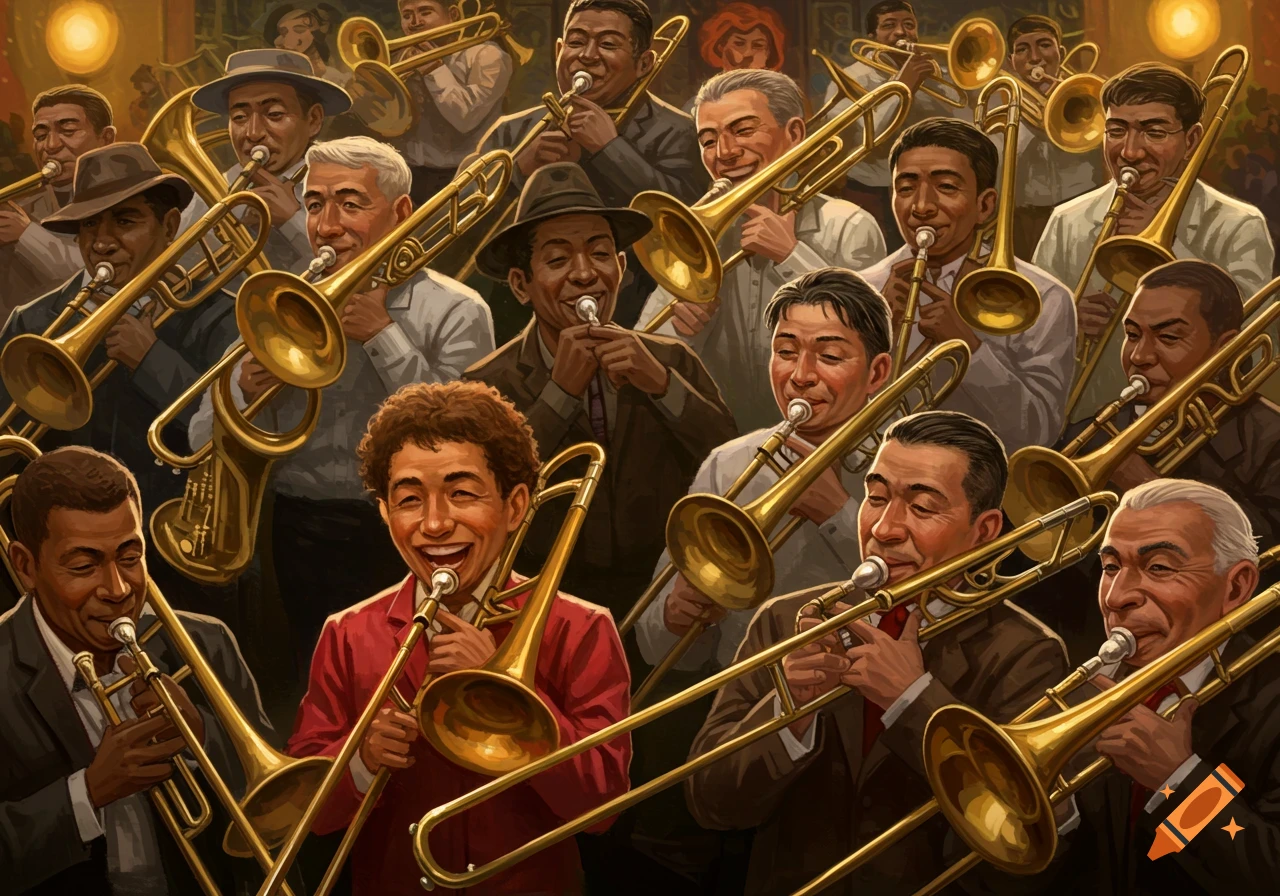 A group of male musicians happily playing trombones in a detailed, painterly style.